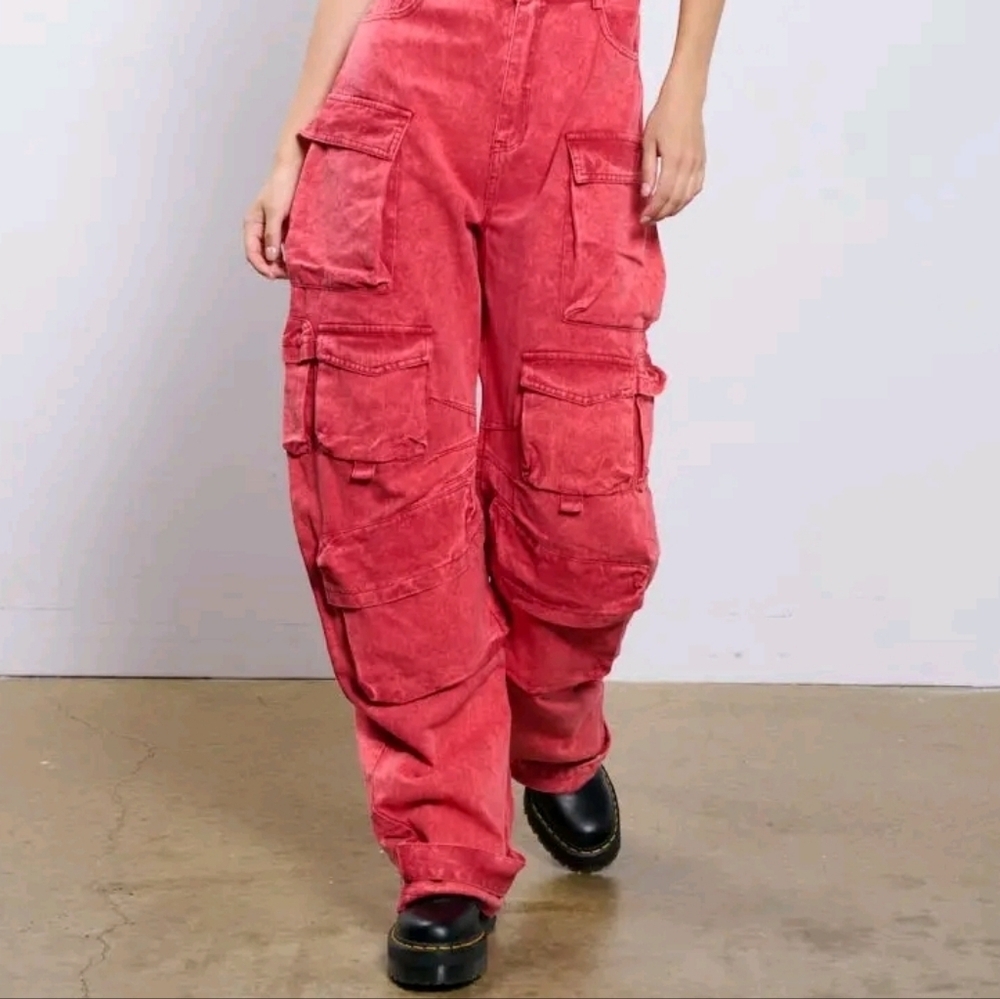 Strapless Washed Red Cargo Jumpsuit Utility Pocket Y2K Streetwear Festival - Picture 7 of 15